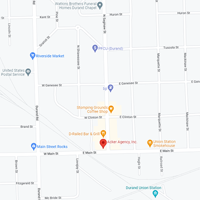 Click for Google Map to Acker Agency Insurance in Durand, MI.